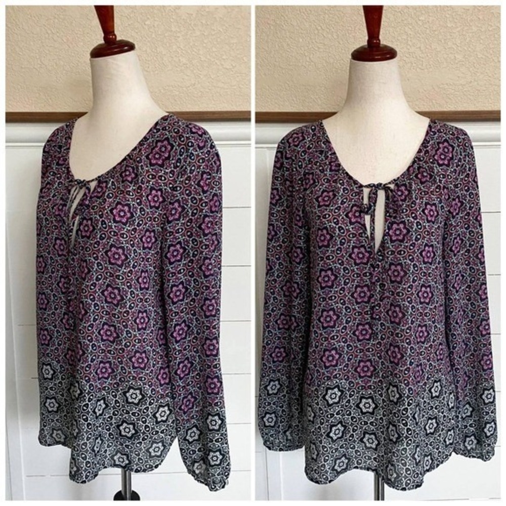 Sanctuary Ombre Medallion Floral Tie-Neck Long sleeve Blouse XS
